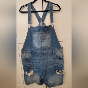 NWT ZENANA Denim Shorts Overalls with Distressed Details 2XL